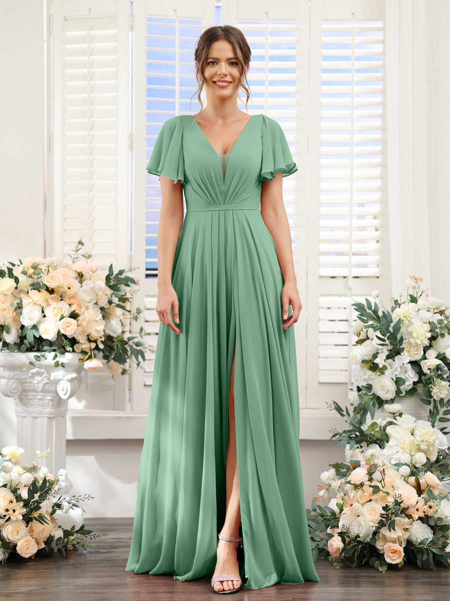 Vestidos de Dama de Honra Em Chiffon com Decote Em V Profundo e Mangas Curtas Divididas