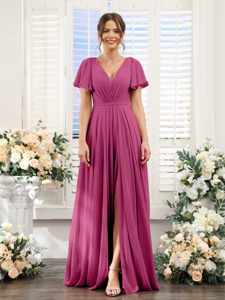 Vestidos de Dama de Honra Em Chiffon com Decote Em V Profundo e Mangas Curtas Divididas