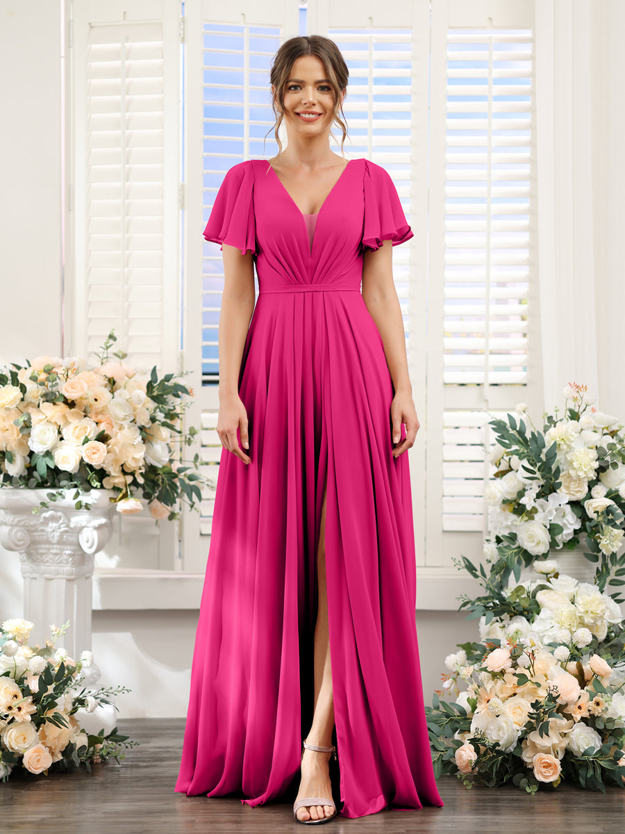 Vestidos de Dama de Honra Em Chiffon com Decote Em V Profundo e Mangas Curtas Divididas
