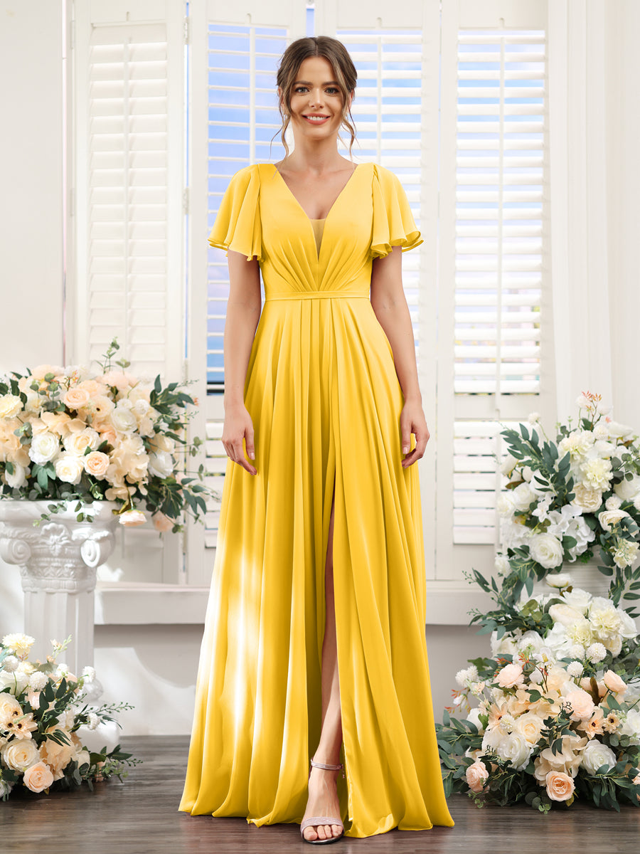 Vestidos de Dama de Honra Em Chiffon com Decote Em V Profundo e Mangas Curtas Divididas