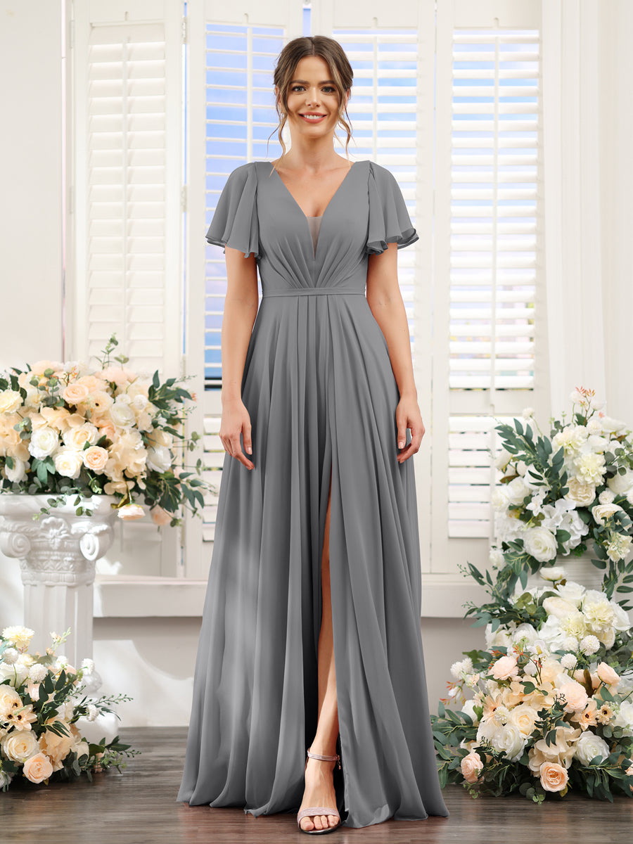 Vestidos de Dama de Honra Em Chiffon com Decote Em V Profundo e Mangas Curtas Divididas