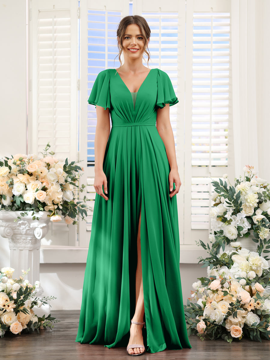 Vestidos de Dama de Honra Em Chiffon com Decote Em V Profundo e Mangas Curtas Divididas