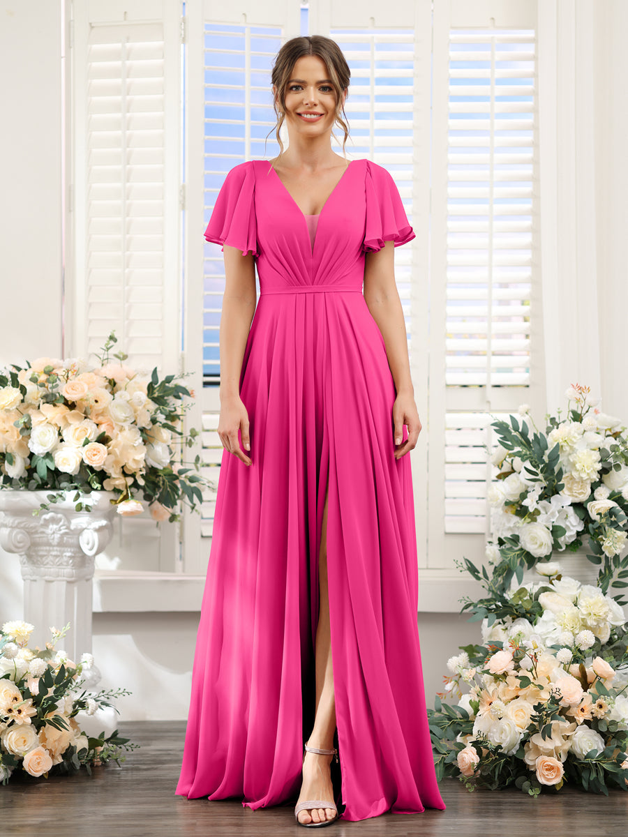 Vestidos de Dama de Honra Em Chiffon com Decote Em V Profundo e Mangas Curtas Divididas