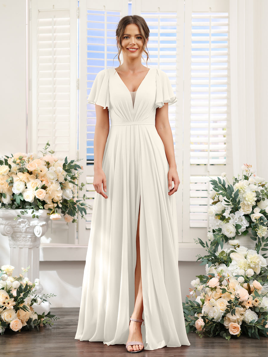 Vestidos de Dama de Honra Em Chiffon com Decote Em V Profundo e Mangas Curtas Divididas
