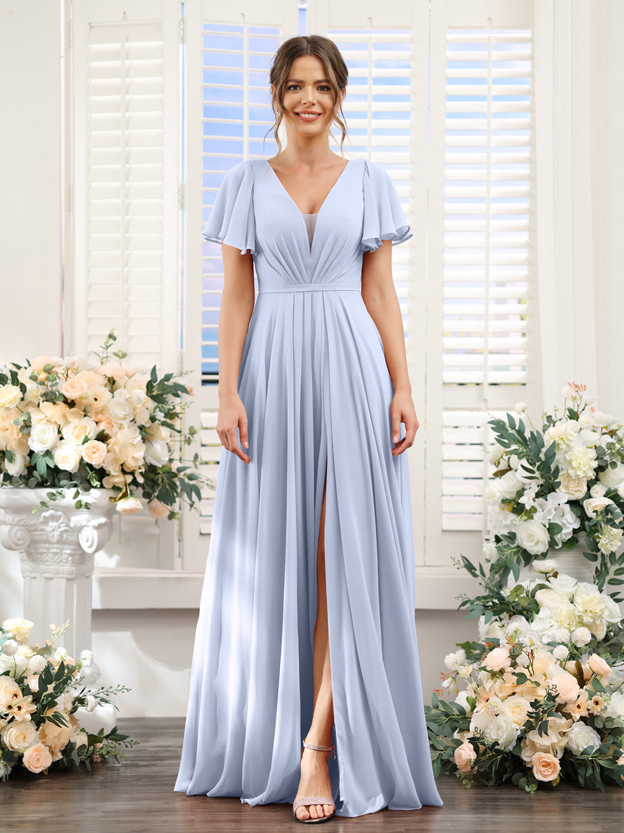Vestidos de Dama de Honra Em Chiffon com Decote Em V Profundo e Mangas Curtas Divididas