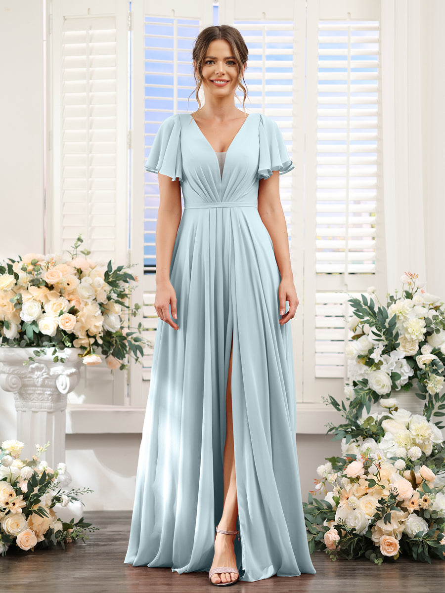 Vestidos de Dama de Honra Em Chiffon com Decote Em V Profundo e Mangas Curtas Divididas