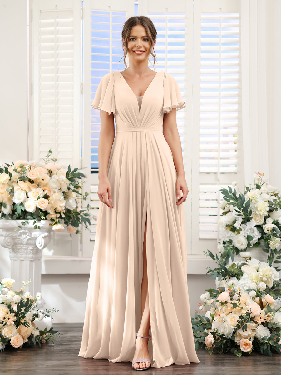 Vestidos de Dama de Honra Em Chiffon com Decote Em V Profundo e Mangas Curtas Divididas