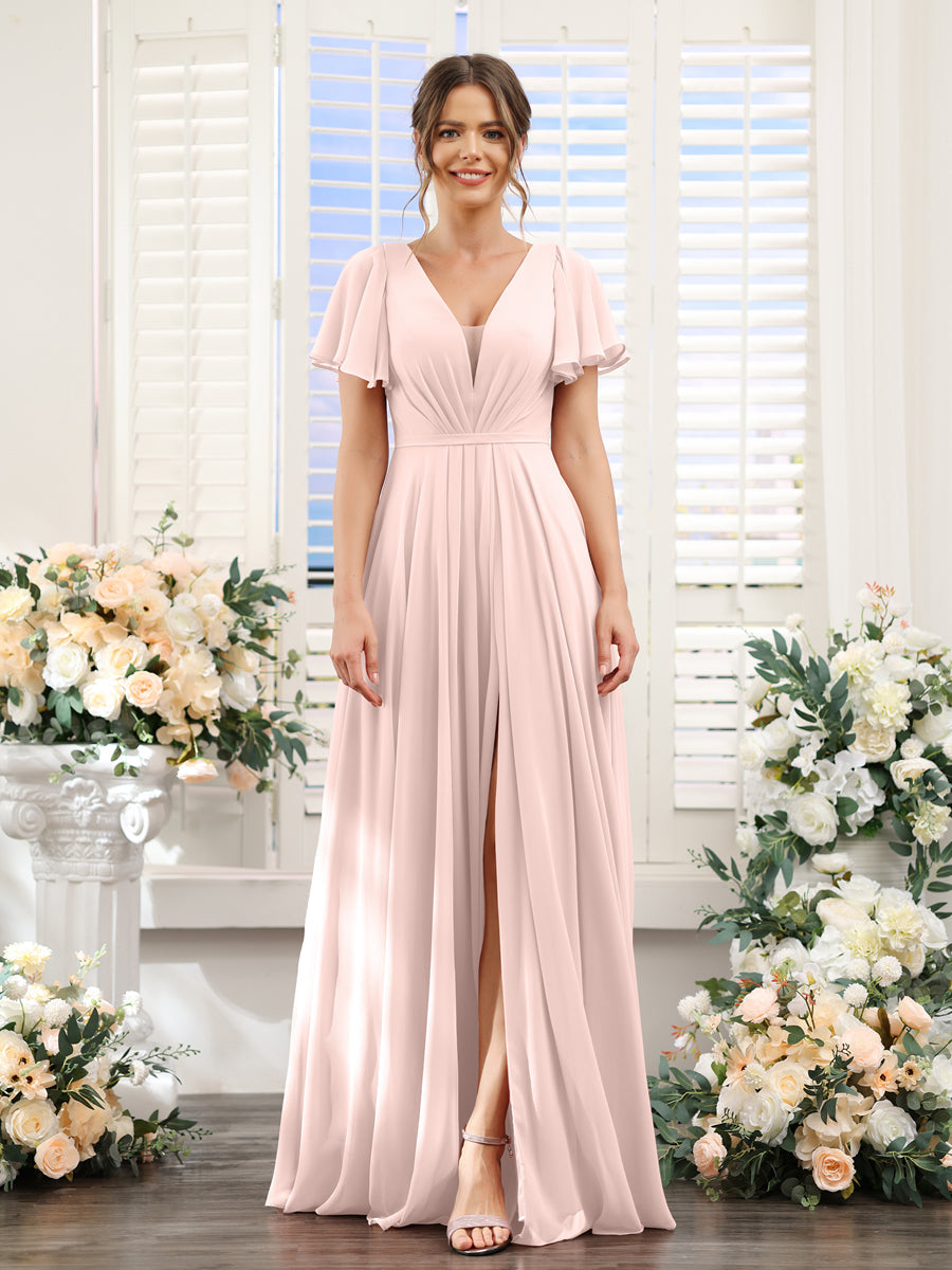 Vestidos de Dama de Honra Em Chiffon com Decote Em V Profundo e Mangas Curtas Divididas