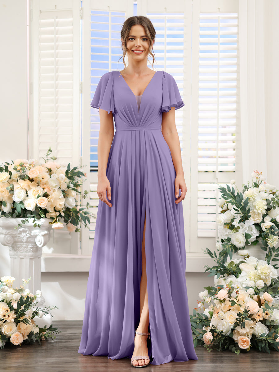 Vestidos de Dama de Honra Em Chiffon com Decote Em V Profundo e Mangas Curtas Divididas