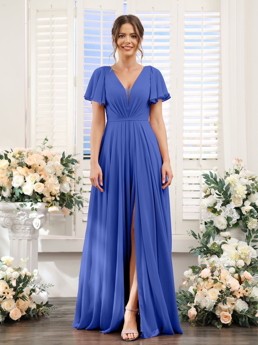 Vestidos de Dama de Honra Em Chiffon com Decote Em V Profundo e Mangas Curtas Divididas