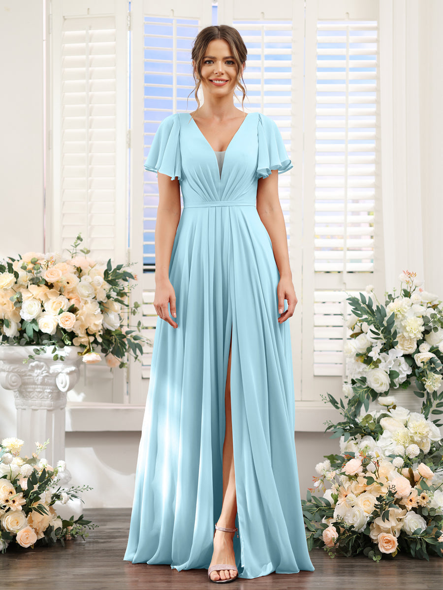 Vestidos de Dama de Honra Em Chiffon com Decote Em V Profundo e Mangas Curtas Divididas