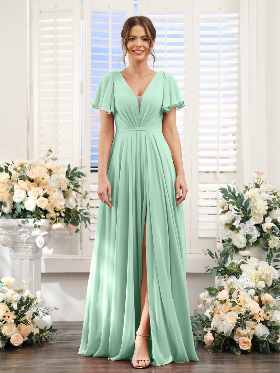 Vestidos de Dama de Honra Em Chiffon com Decote Em V Profundo e Mangas Curtas Divididas