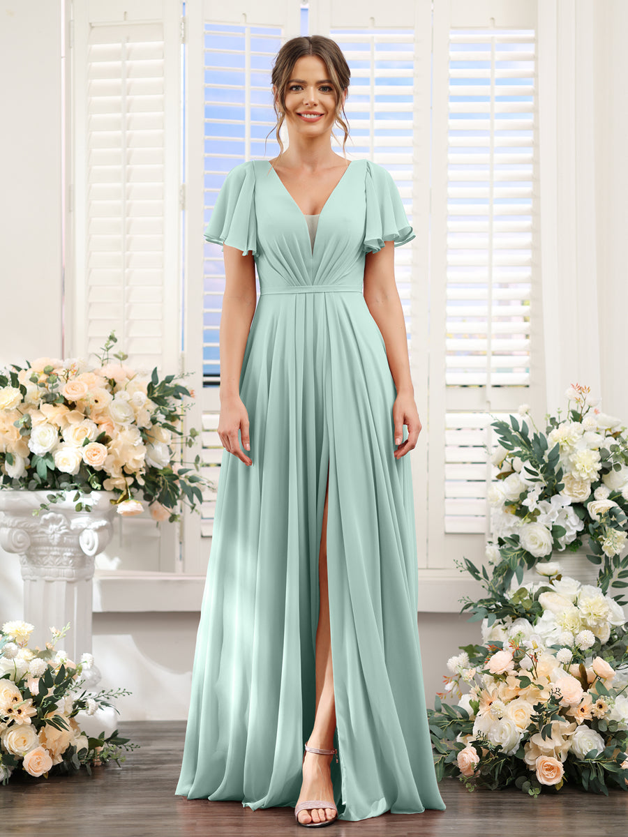 Vestidos de Dama de Honra Em Chiffon com Decote Em V Profundo e Mangas Curtas Divididas
