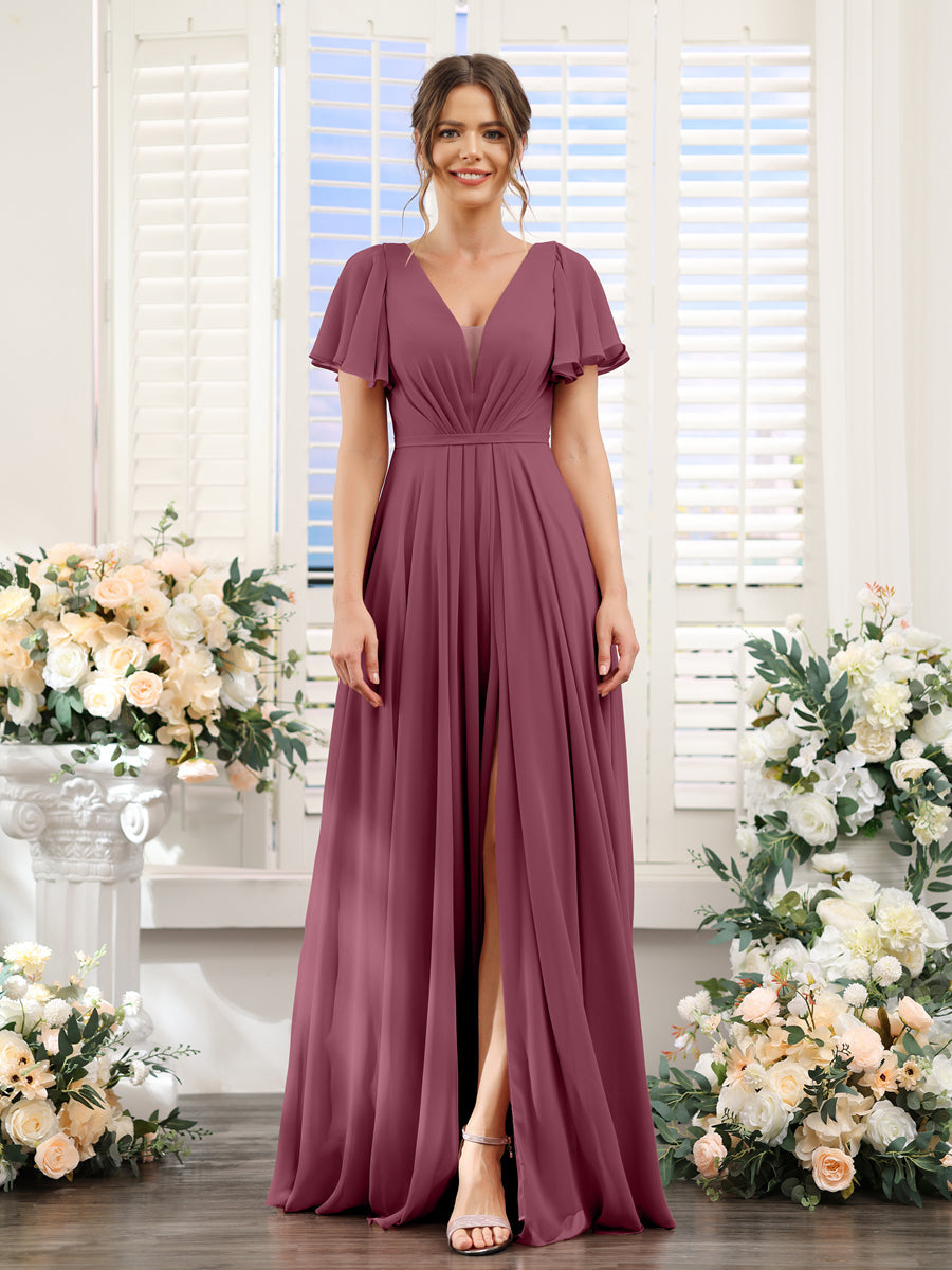 Vestidos de Dama de Honra Em Chiffon com Decote Em V Profundo e Mangas Curtas Divididas