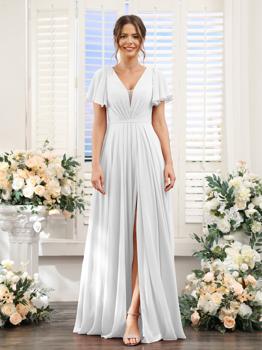 Vestidos de Dama de Honra Em Chiffon com Decote Em V Profundo e Mangas Curtas Divididas