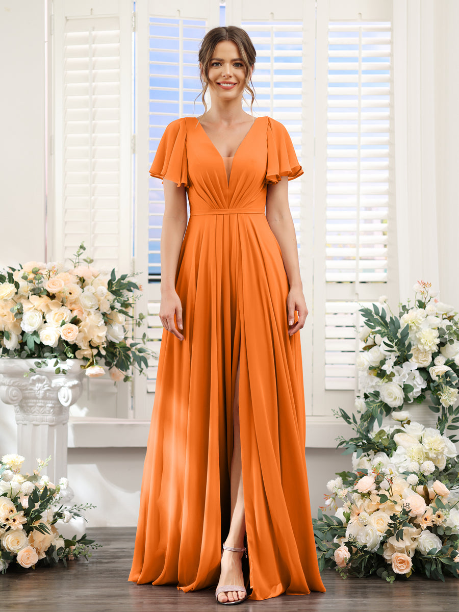 Vestidos de Dama de Honra Em Chiffon com Decote Em V Profundo e Mangas Curtas Divididas