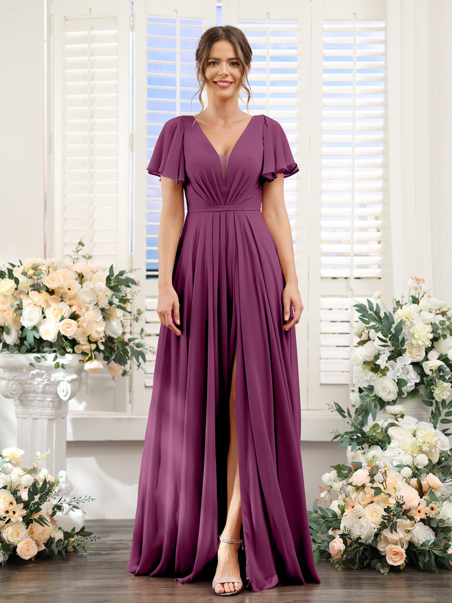 Vestidos de Dama de Honra Em Chiffon com Decote Em V Profundo e Mangas Curtas Divididas