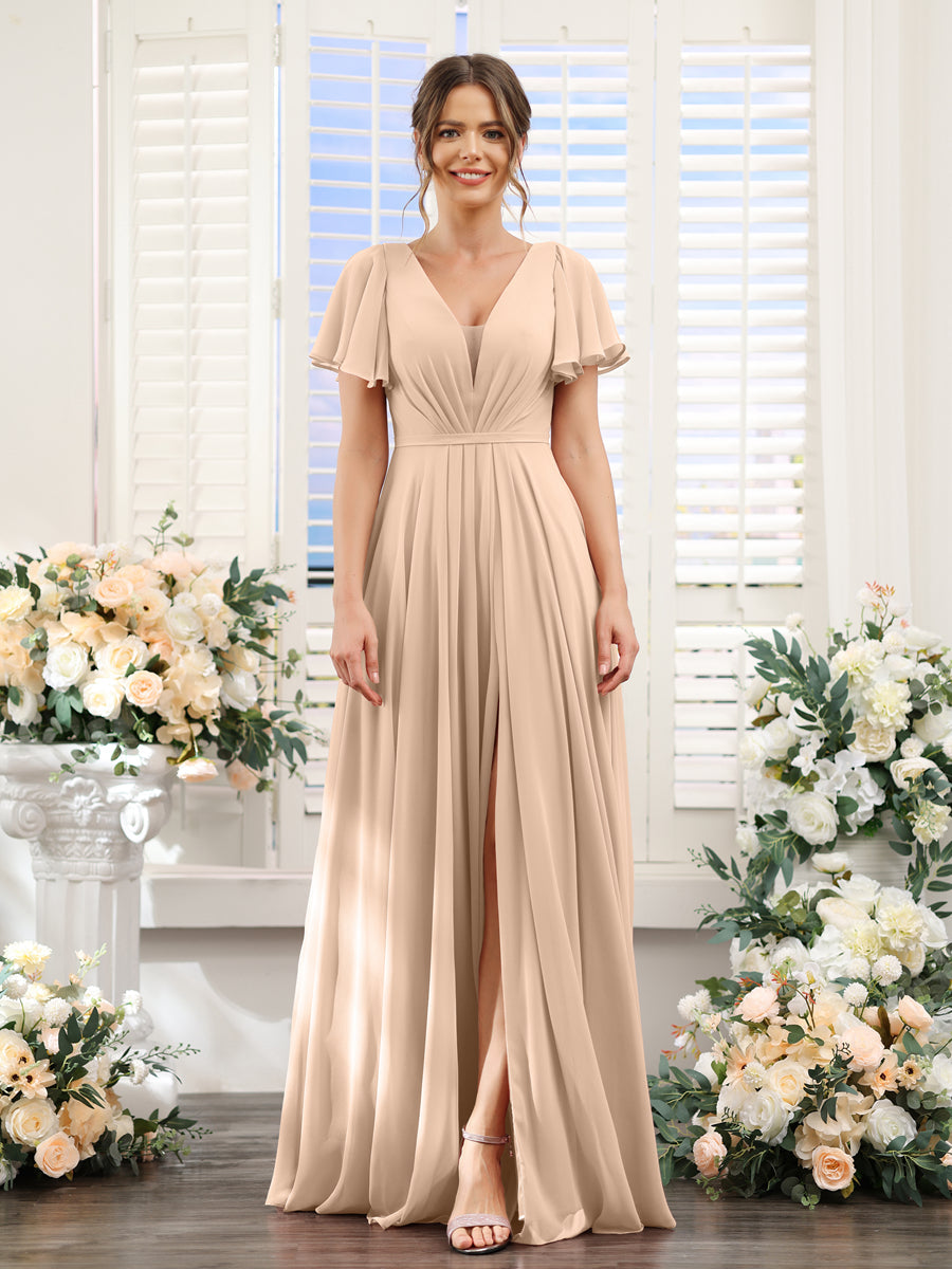 Vestidos de Dama de Honra Em Chiffon com Decote Em V Profundo e Mangas Curtas Divididas