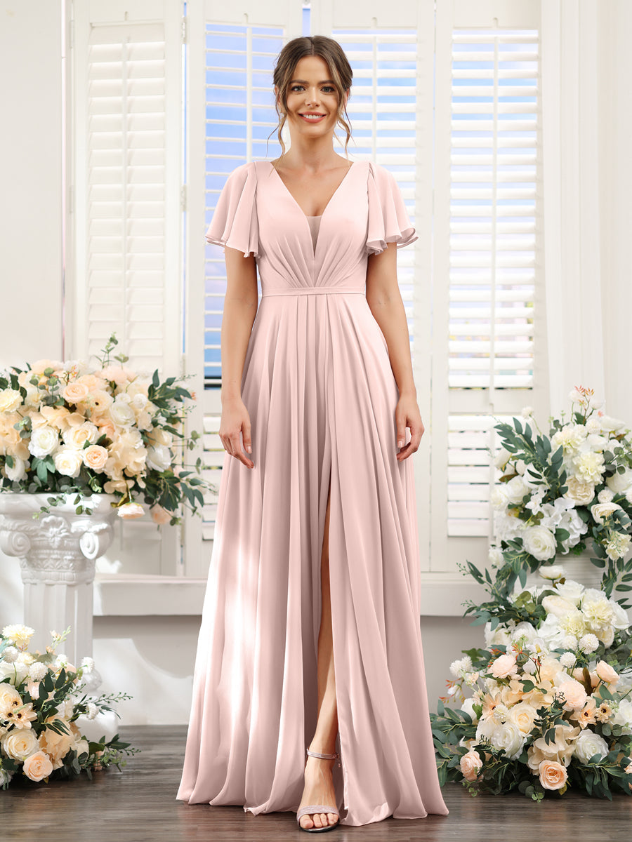Vestidos de Dama de Honra Em Chiffon com Decote Em V Profundo e Mangas Curtas Divididas