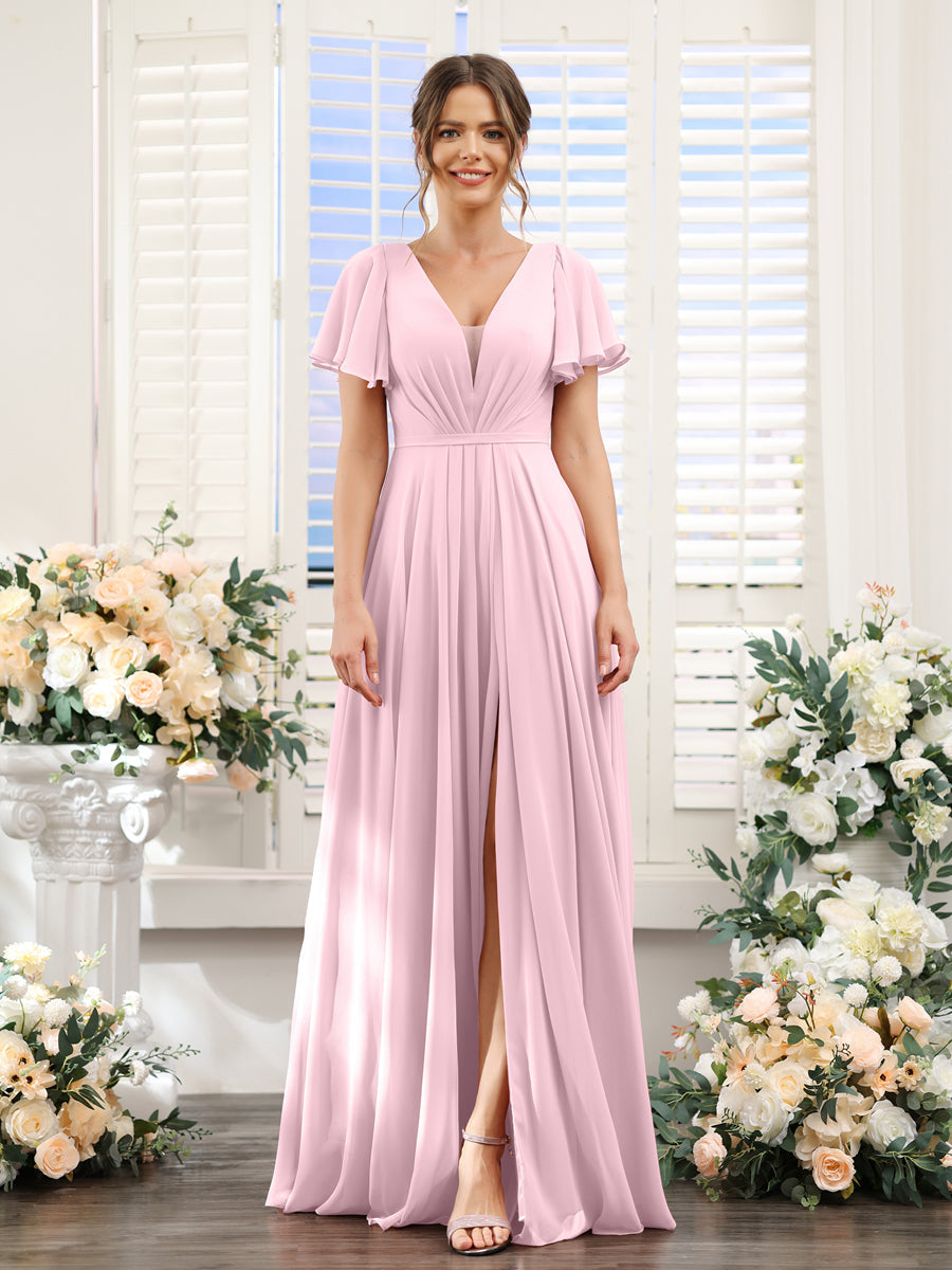 Vestidos de Dama de Honra Em Chiffon com Decote Em V Profundo e Mangas Curtas Divididas