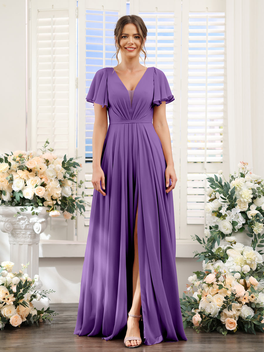 Vestidos de Dama de Honra Em Chiffon com Decote Em V Profundo e Mangas Curtas Divididas