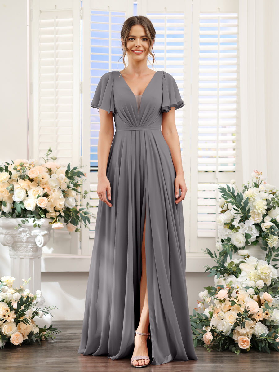 Vestidos de Dama de Honra Em Chiffon com Decote Em V Profundo e Mangas Curtas Divididas