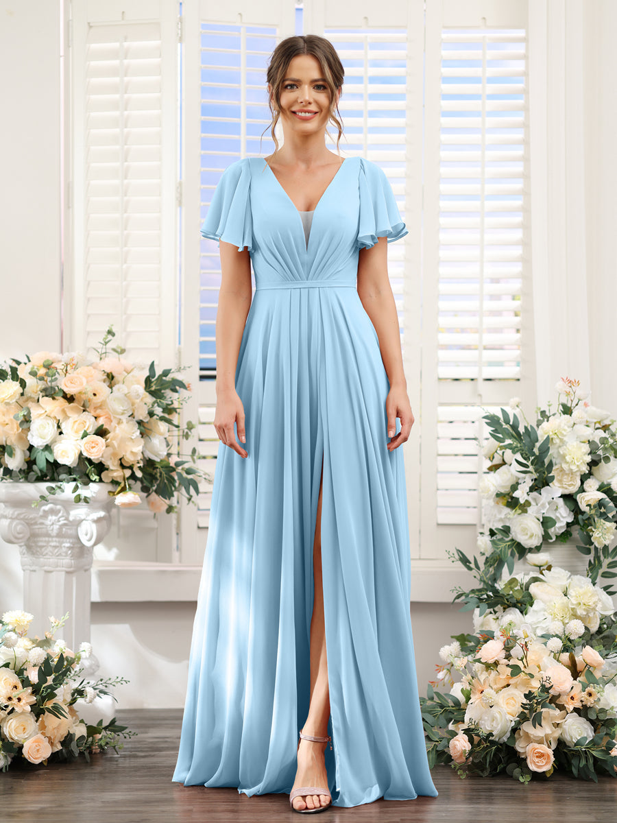Vestidos de Dama de Honra Em Chiffon com Decote Em V Profundo e Mangas Curtas Divididas