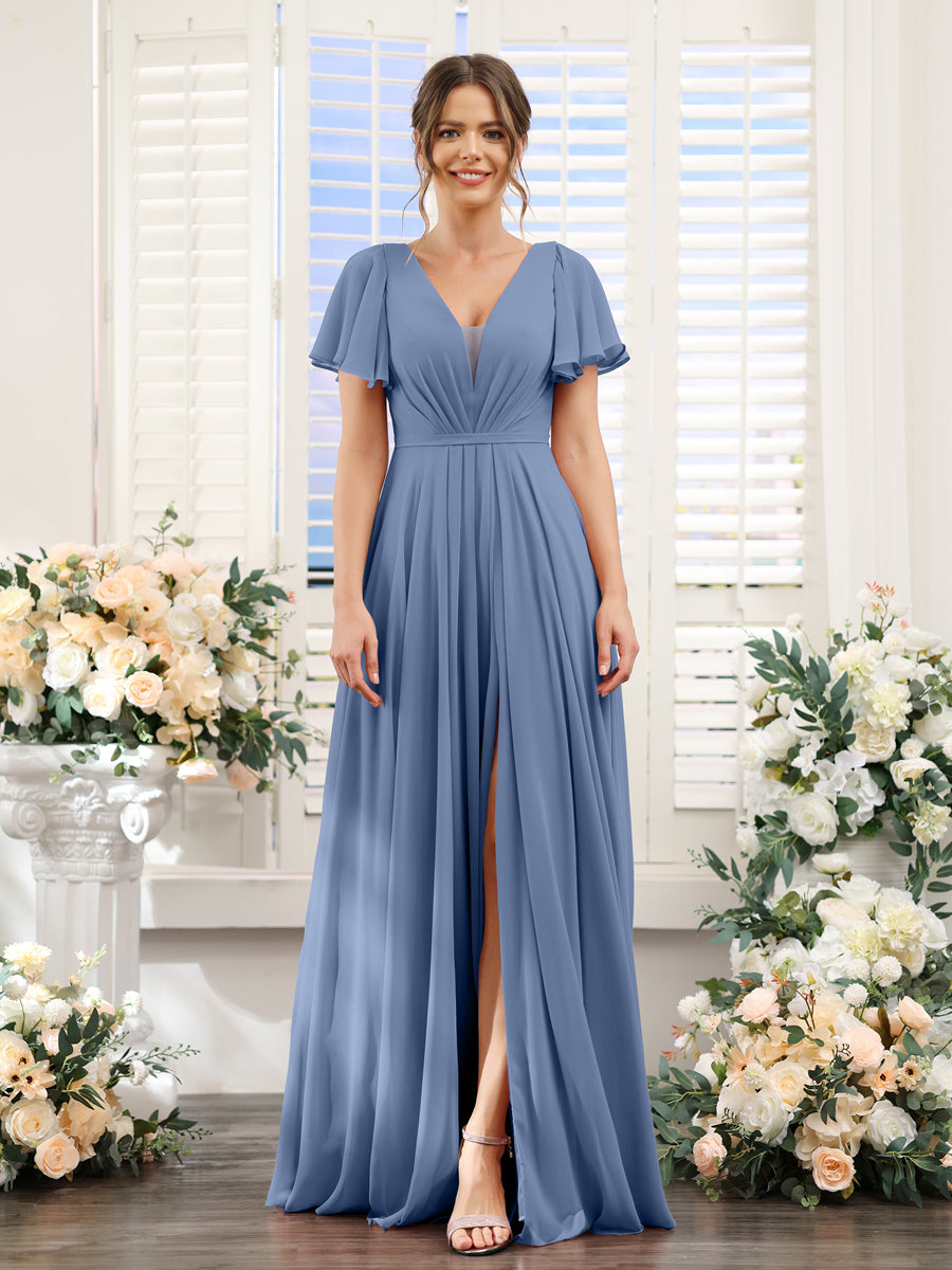 Vestidos de Dama de Honra Em Chiffon com Decote Em V Profundo e Mangas Curtas Divididas