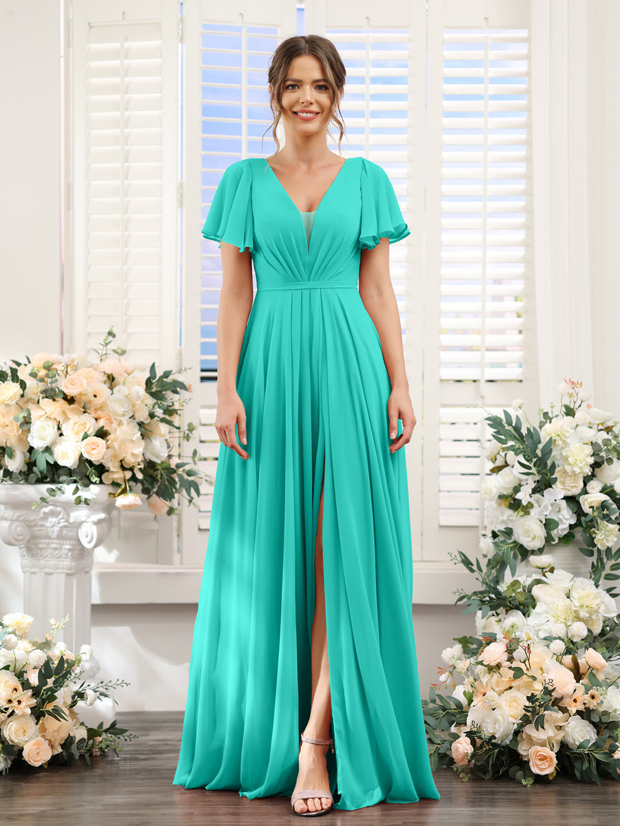Vestidos de Dama de Honra Em Chiffon com Decote Em V Profundo e Mangas Curtas Divididas