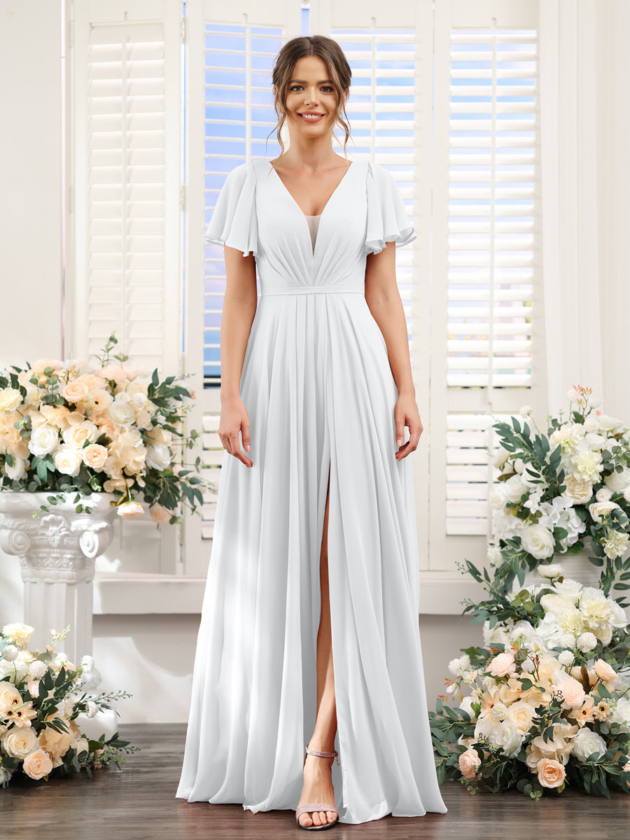 Vestidos de Dama de Honra Em Chiffon com Decote Em V Profundo e Mangas Curtas Divididas