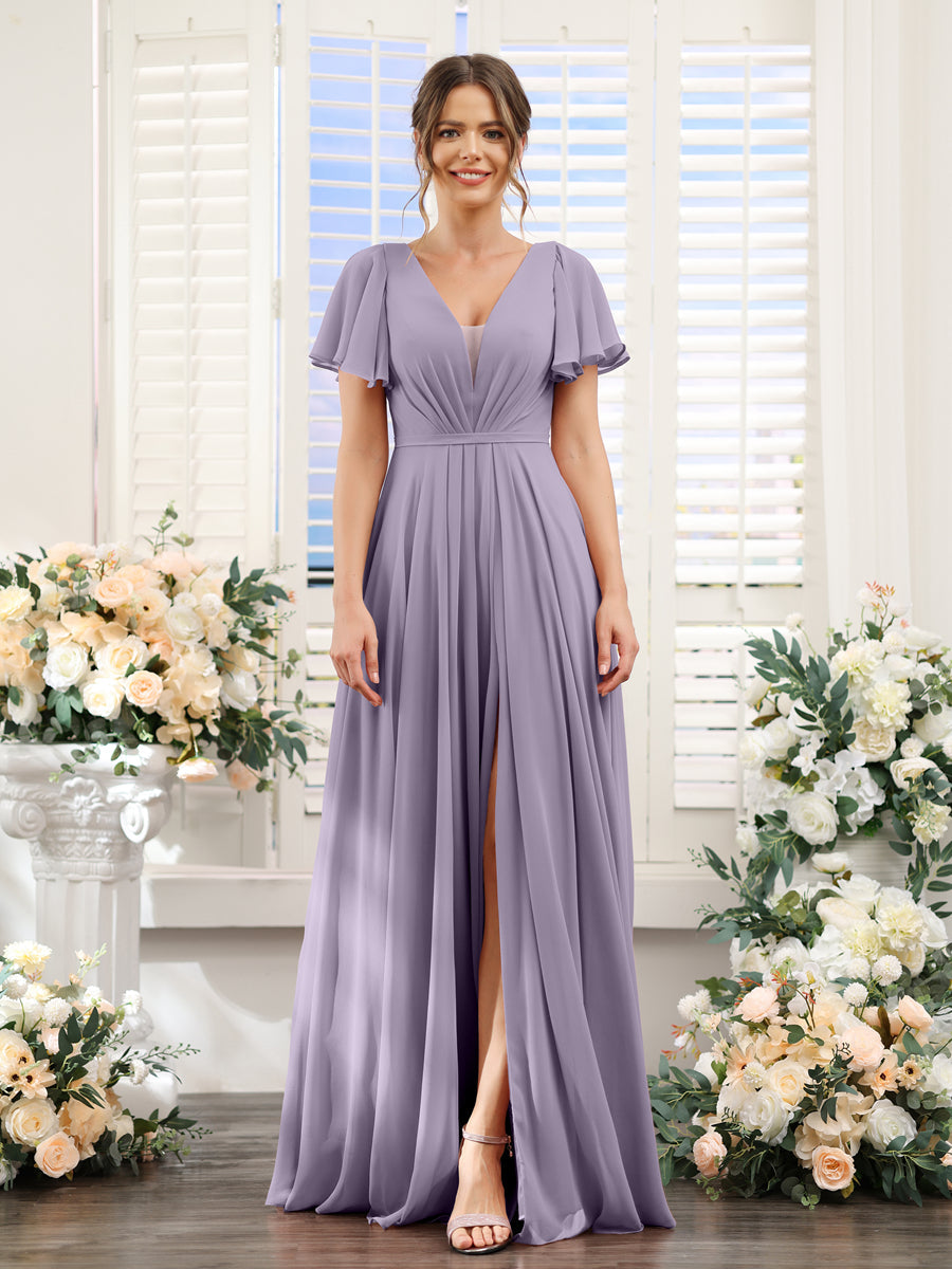 Vestidos de Dama de Honra Em Chiffon com Decote Em V Profundo e Mangas Curtas Divididas