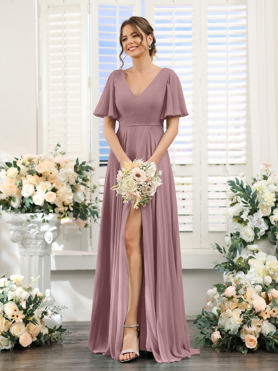 Vestidos de Dama de Honra Em Chiffon com Decote Em V e Mangas Curtas com Babados Laterais Divididos