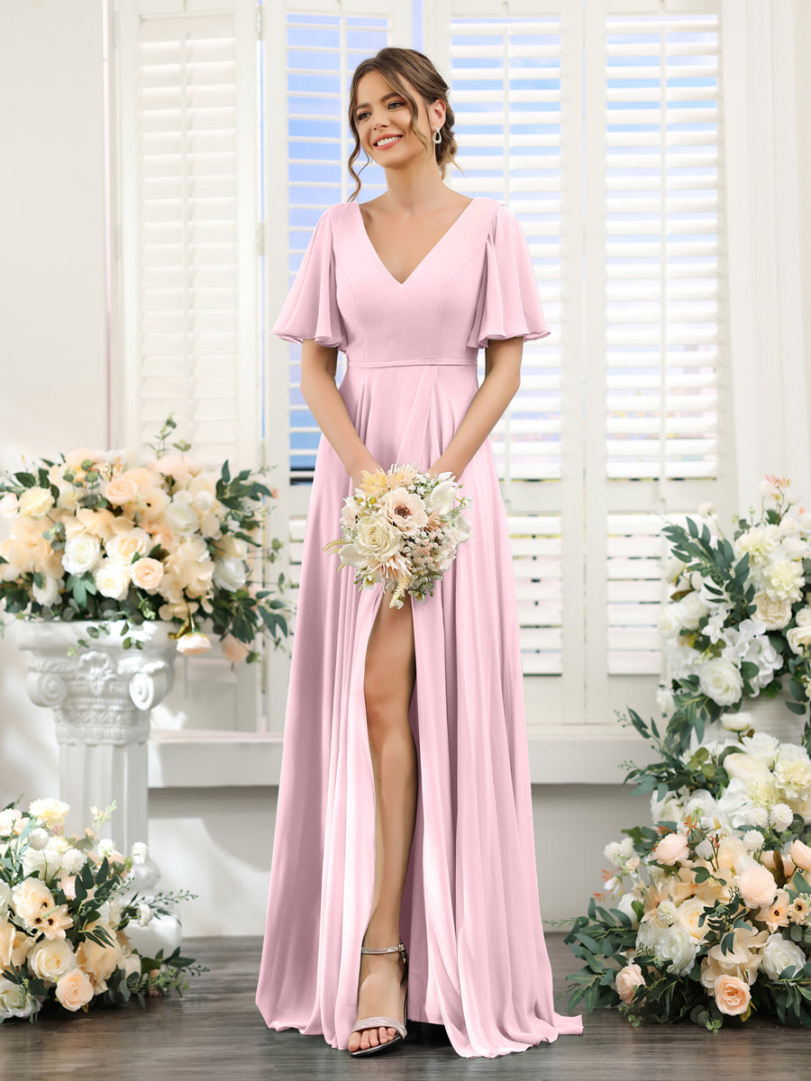 Vestidos de Dama de Honra Em Chiffon com Decote Em V e Mangas Curtas com Babados Laterais Divididos