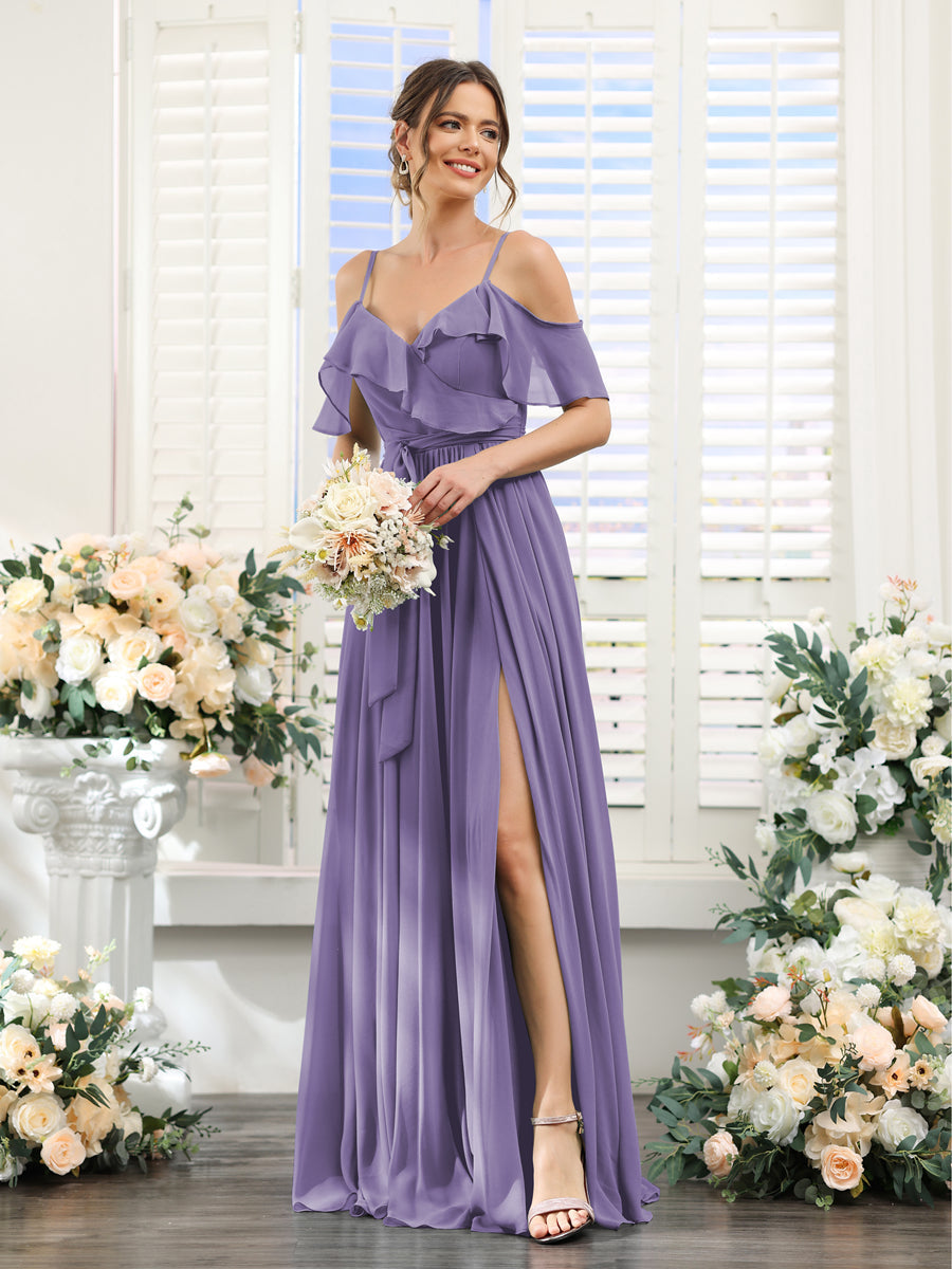 Vestidos de Dama de Honra Em Chiffon com Alças Finas e Decote Em V com Bolsos