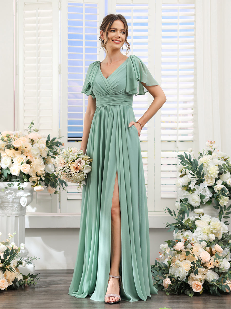Vestidos de Dama de Honra Evasê com Decote Em V e Mangas Curtas Em Chiffon Dividido com Bolsos