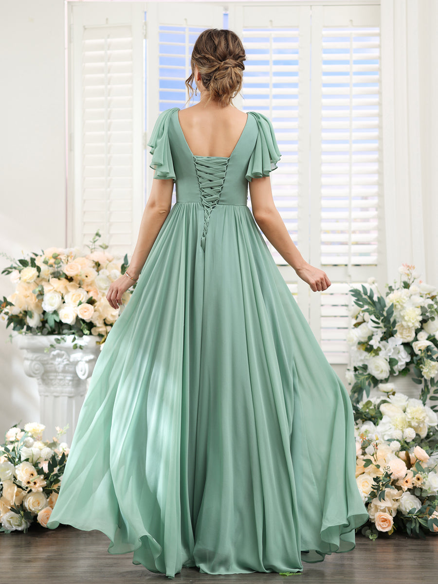 Vestidos de Dama de Honra Evasê com Decote Em V e Mangas Curtas Em Chiffon Dividido com Bolsos