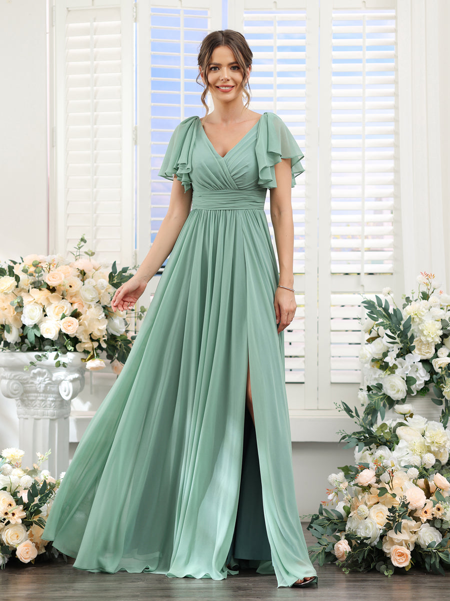 Vestidos de Dama de Honra Evasê com Decote Em V e Mangas Curtas Em Chiffon Dividido com Bolsos