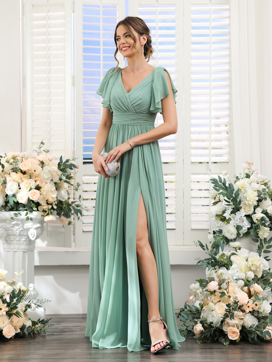 Vestidos de Dama de Honra Evasê com Decote Em V e Mangas Curtas Em Chiffon Dividido com Bolsos