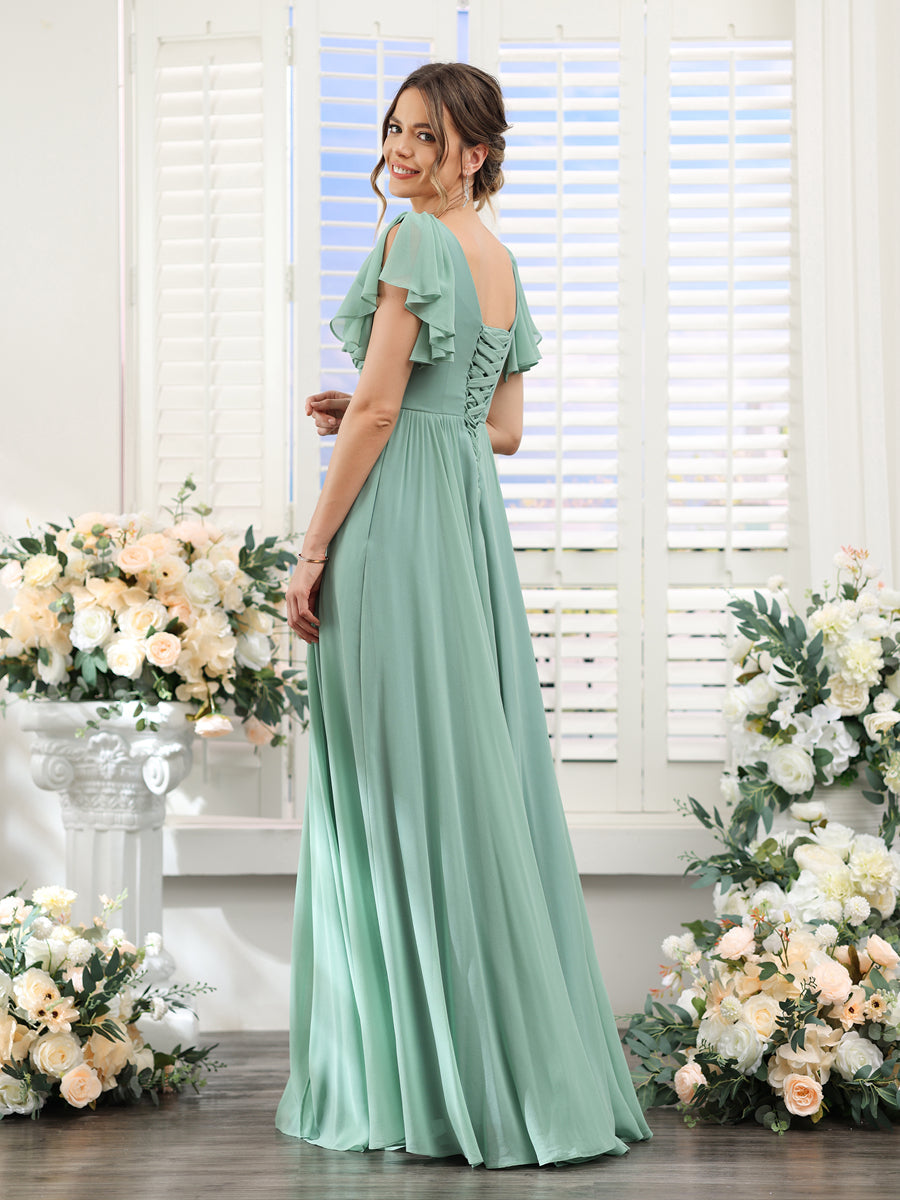 Vestidos de Dama de Honra Evasê com Decote Em V e Mangas Curtas Em Chiffon Dividido com Bolsos