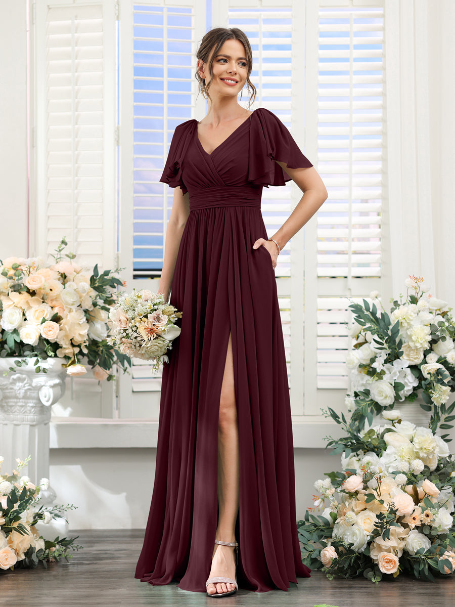 Vestidos de Dama de Honra Evasê com Decote Em V e Mangas Curtas Em Chiffon Dividido com Bolsos