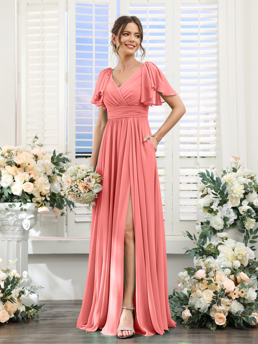 Vestidos de Dama de Honra Evasê com Decote Em V e Mangas Curtas Em Chiffon Dividido com Bolsos