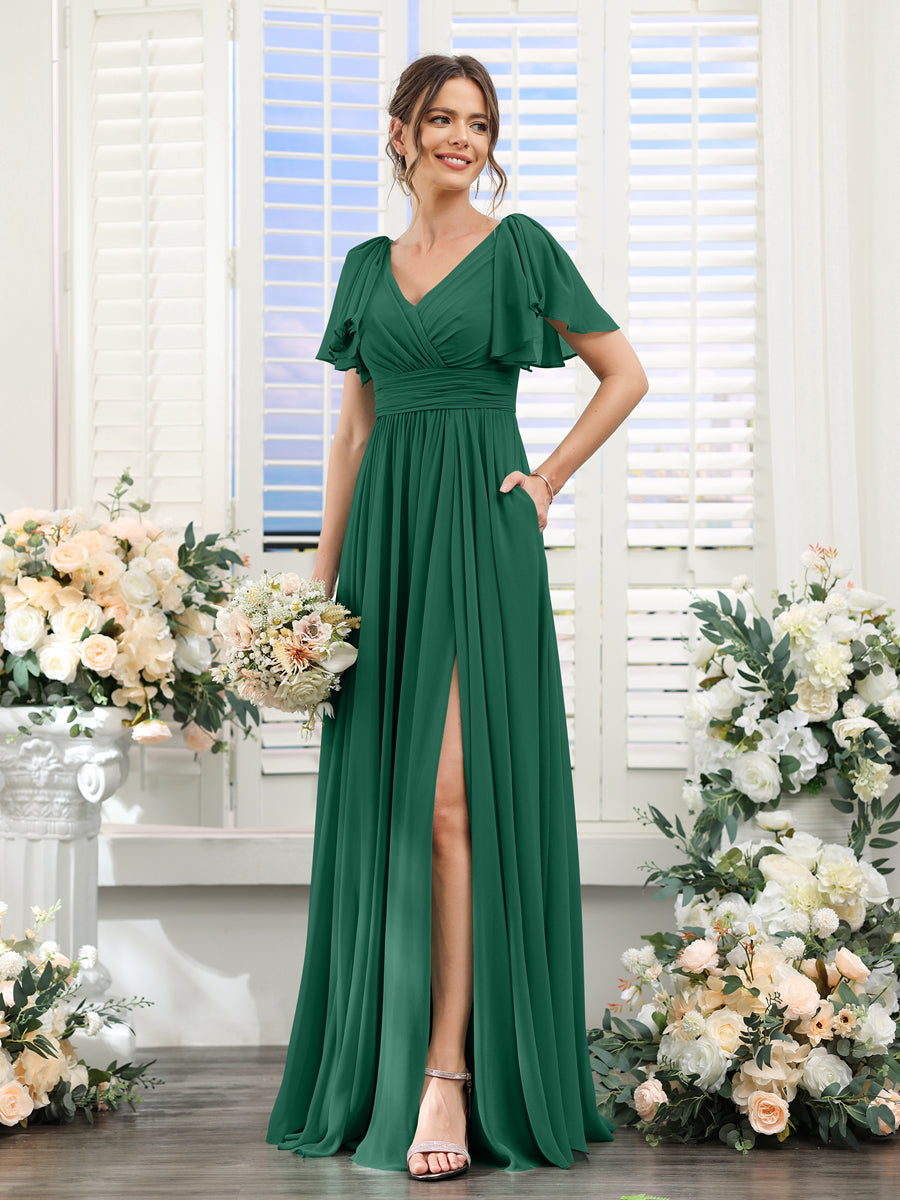 Vestidos de Dama de Honra Evasê com Decote Em V e Mangas Curtas Em Chiffon Dividido com Bolsos