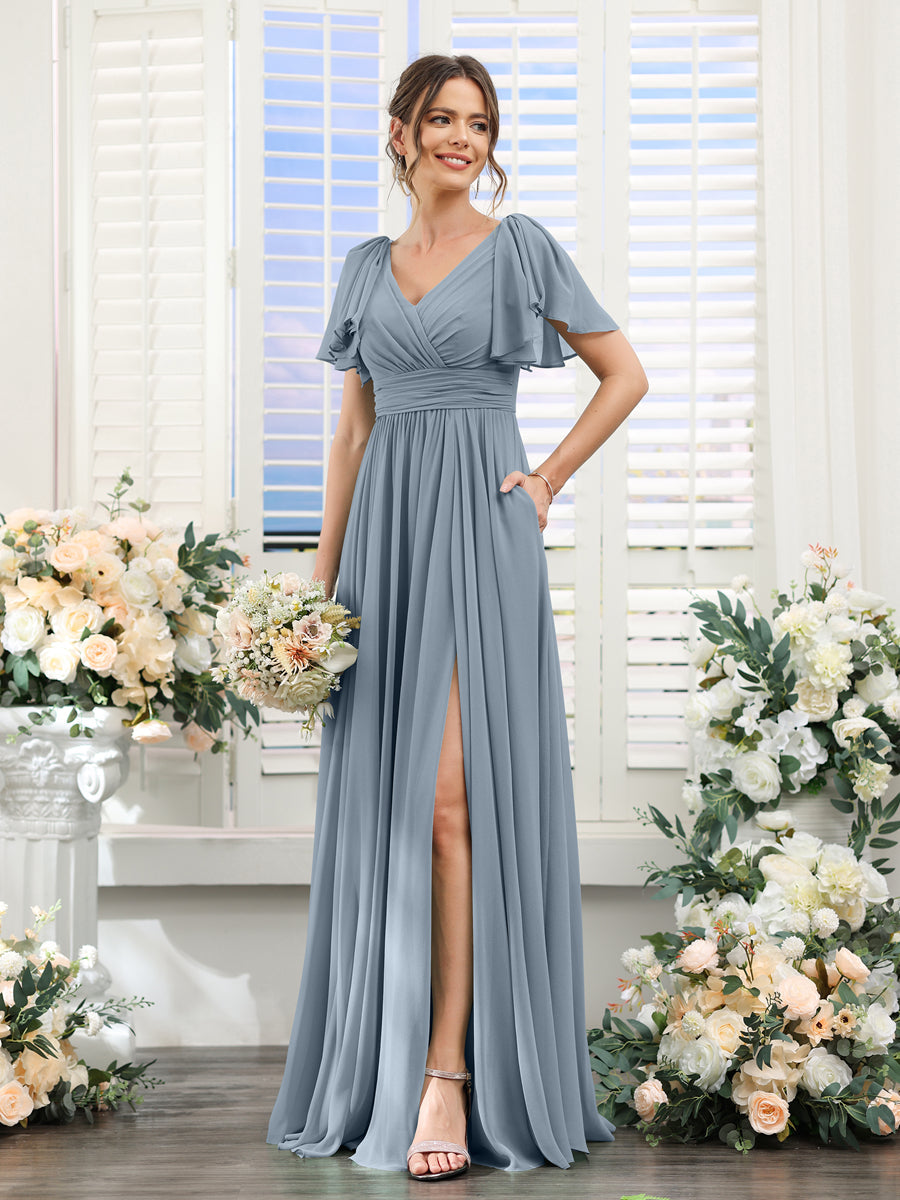 Vestidos de Dama de Honra Evasê com Decote Em V e Mangas Curtas Em Chiffon Dividido com Bolsos