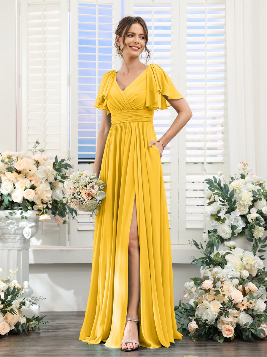 Vestidos de Dama de Honra Evasê com Decote Em V e Mangas Curtas Em Chiffon Dividido com Bolsos