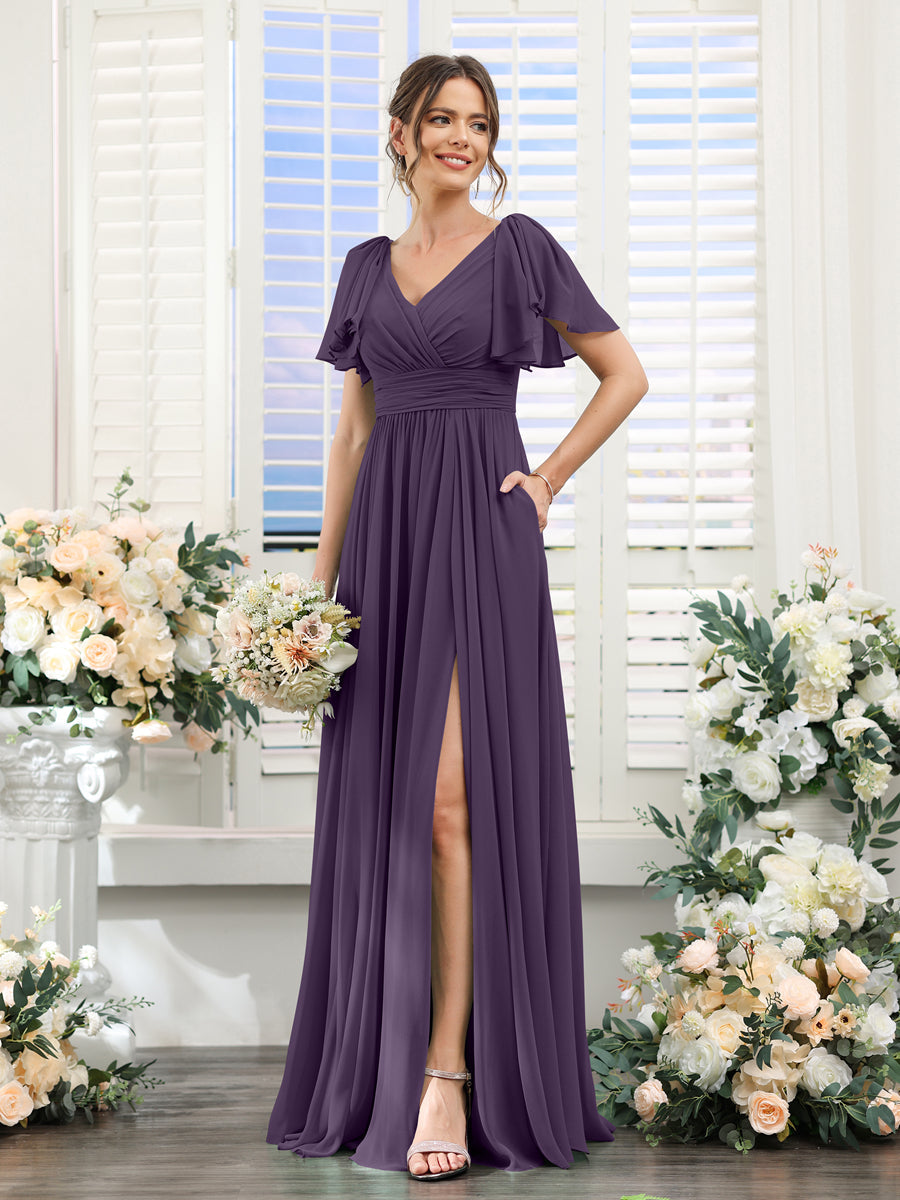 Vestidos de Dama de Honra Evasê com Decote Em V e Mangas Curtas Em Chiffon Dividido com Bolsos