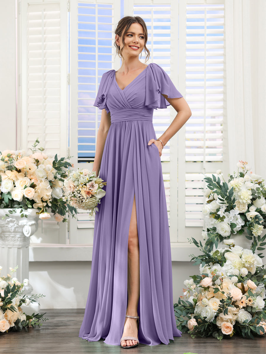 Vestidos de Dama de Honra Evasê com Decote Em V e Mangas Curtas Em Chiffon Dividido com Bolsos