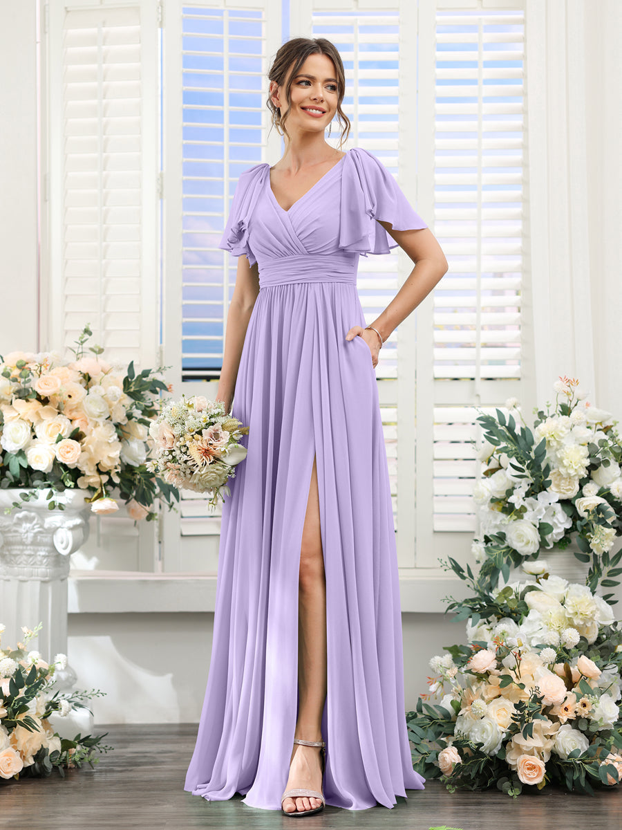 Vestidos de Dama de Honra Evasê com Decote Em V e Mangas Curtas Em Chiffon Dividido com Bolsos