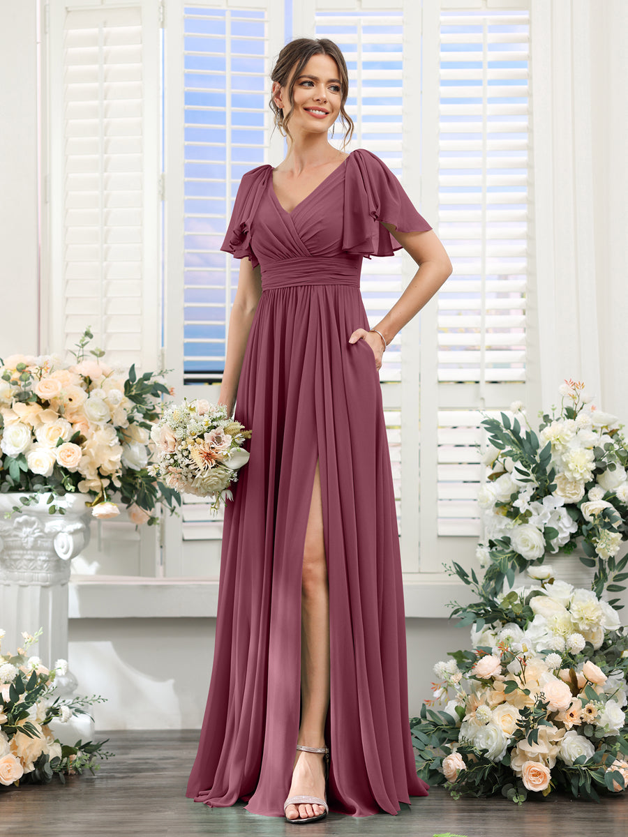 Vestidos de Dama de Honra Evasê com Decote Em V e Mangas Curtas Em Chiffon Dividido com Bolsos