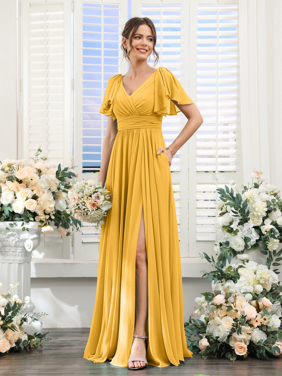 Vestidos de Dama de Honra Evasê com Decote Em V e Mangas Curtas Em Chiffon Dividido com Bolsos