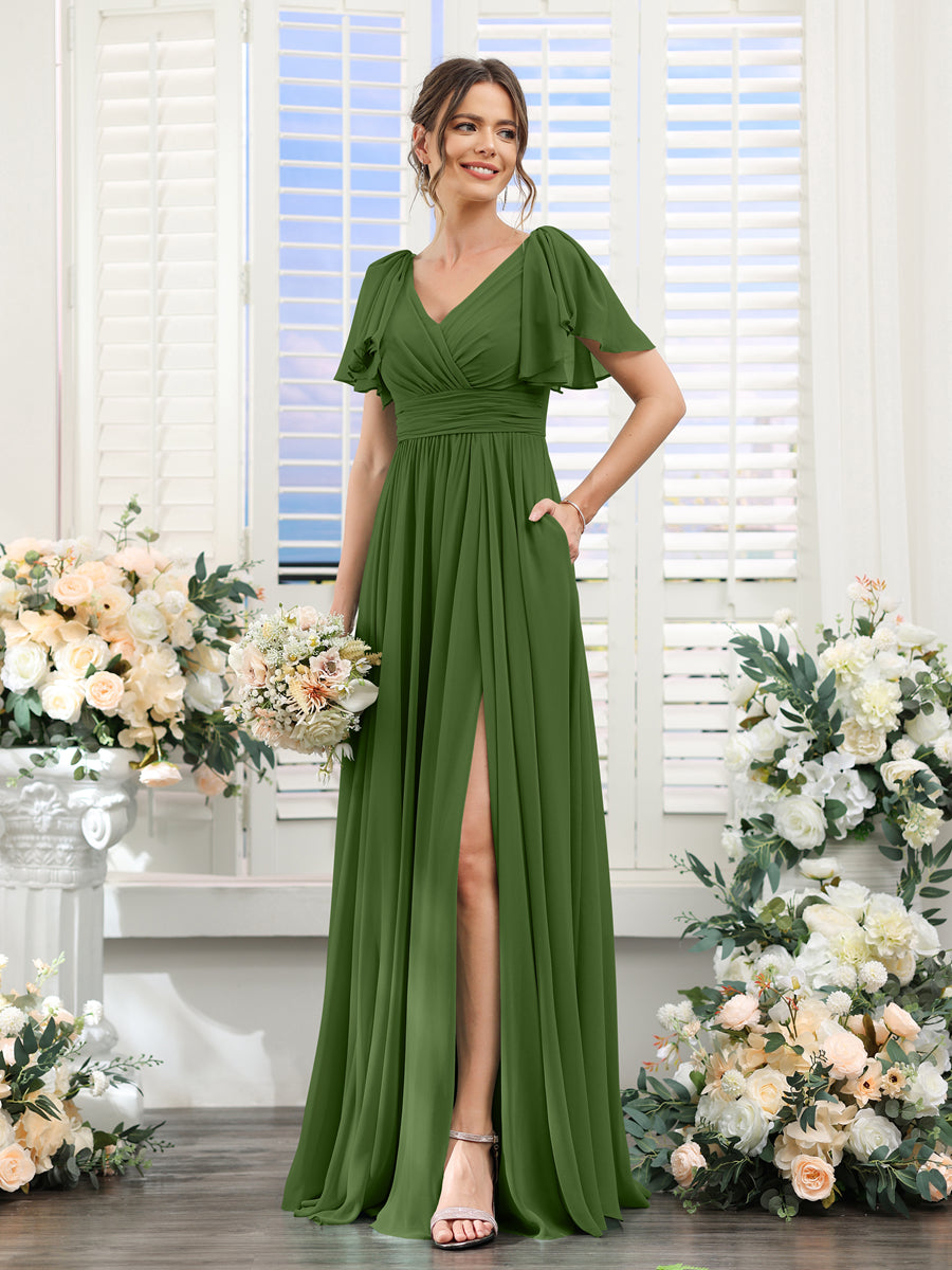 Vestidos de Dama de Honra Evasê com Decote Em V e Mangas Curtas Em Chiffon Dividido com Bolsos
